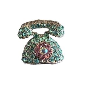 Retro Telephone Brooch Rhinestone Pin Blue Pink Rotary Dial Vintage Style Phone